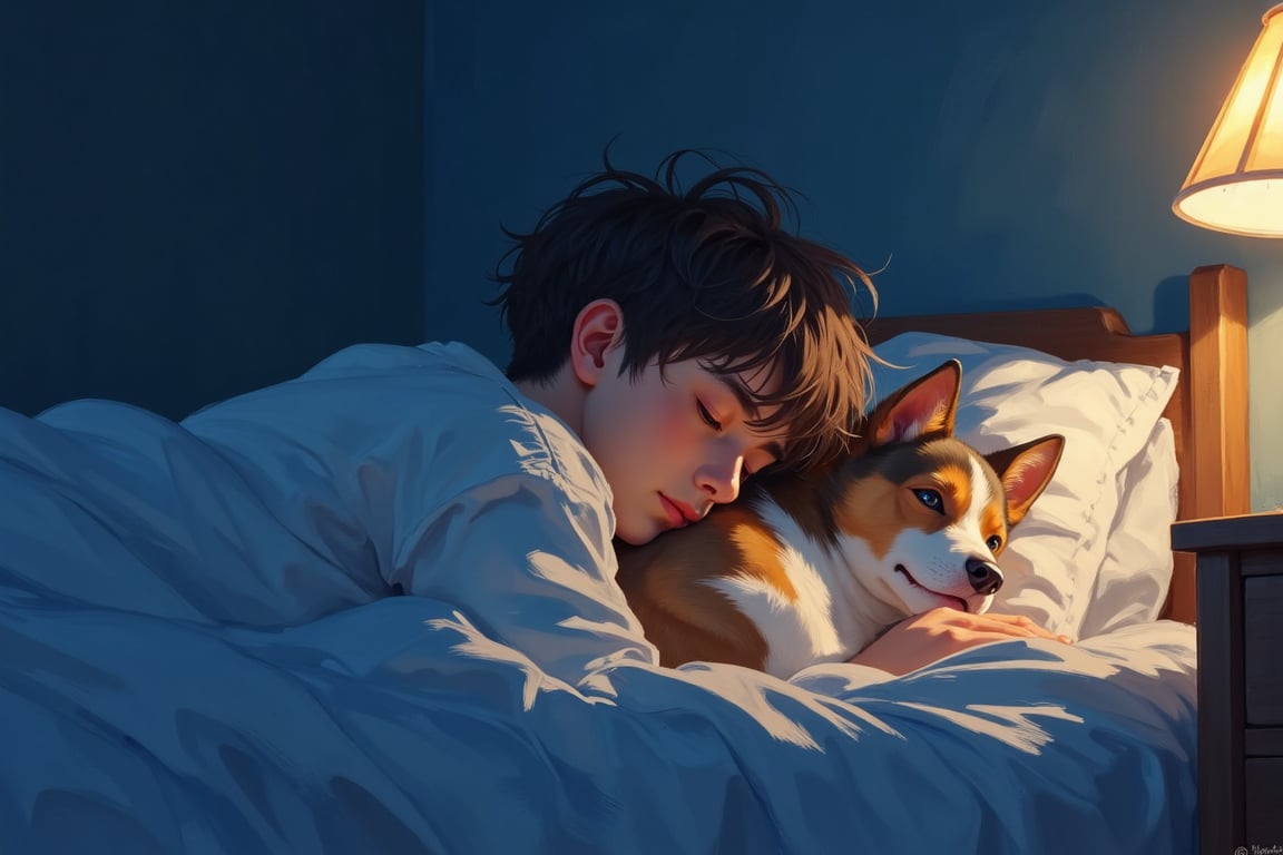 Here are two SD prompts:

**Prompt 1:**
In the bottom half of the image, A side view of a boy with tousled brown hair sleeping in his bed. Tucked up against him is his dog, a brown-and-white collie-husky mix. He looks peaceful and content as they both sleep soundly in the dark bedroom.
The bottom half of the image dissolves into the top half of the image, depicting the boys dream - the border is vaporous and fuzzy
**Prompt 2:**
In the top part of the image, as if in a dream A male veterinarian works in a clinic taking care of dogs, listening to the chest of a puppy with a stethoscope. He has brown hair and wears a white lab coat. He looks happy and content.,in the style of BSstyle004