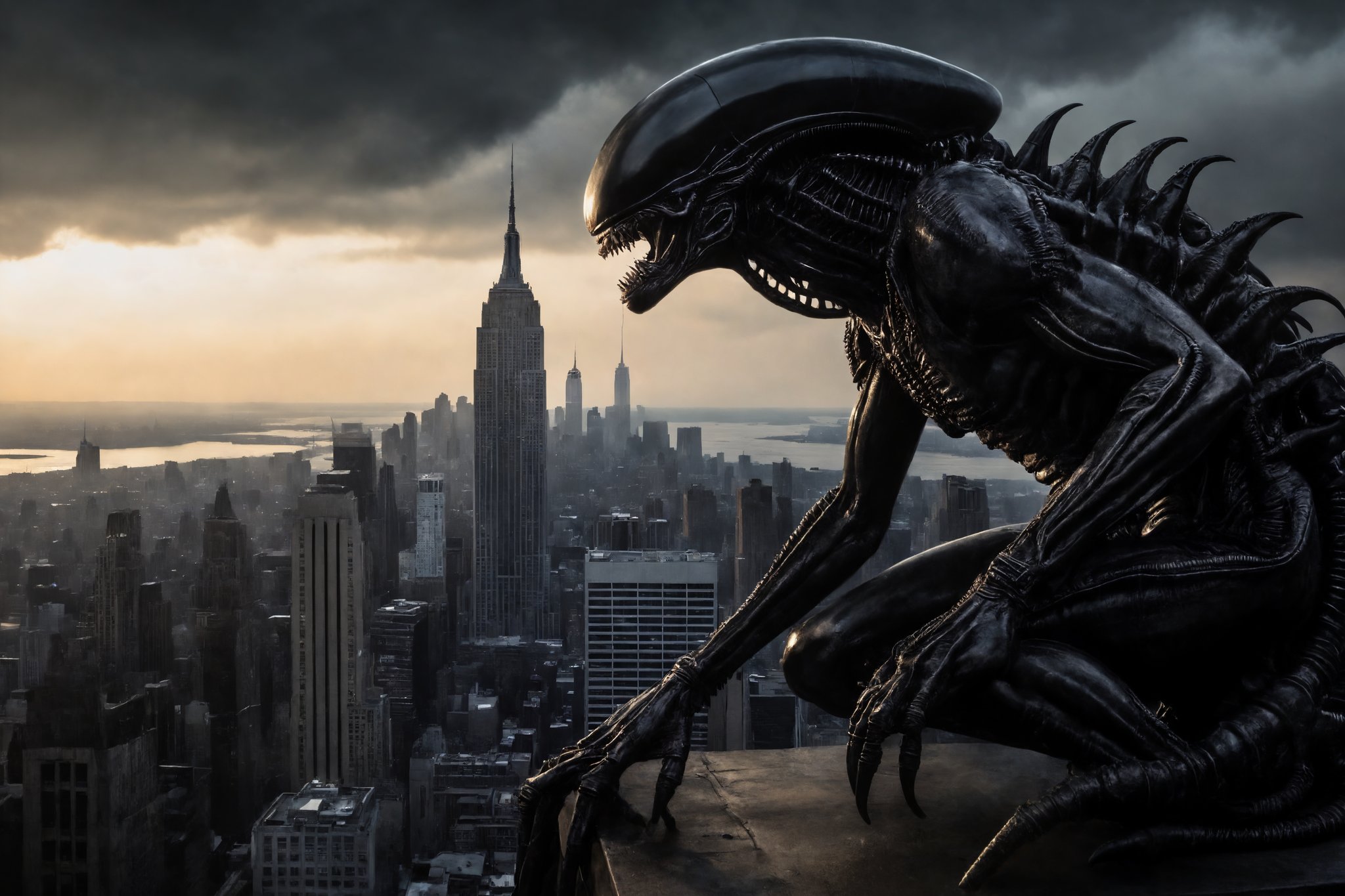 In a masterclass blend of dark fantasy and architectural grandeur,  an Alien Xenomorph crouches precariously on the edge o...