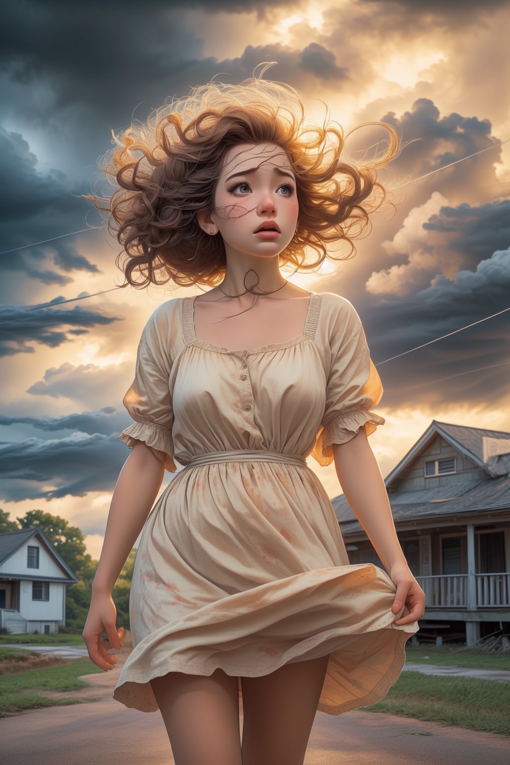 score_9, score_8_up, masterpiece, detailed 1girl(cute, look of concern on her face, looking away from the viewer towards the dark clouds, wearing a light-colored sundress that is blowing in the wind) standing on the porch of an old house, (looking away from the viewer), watching an approaching thunderstorm. Dark clouds, ominous atmosphere, windy, highly detailed. Background is a stormy countryside, rural environment, rustic feeling.