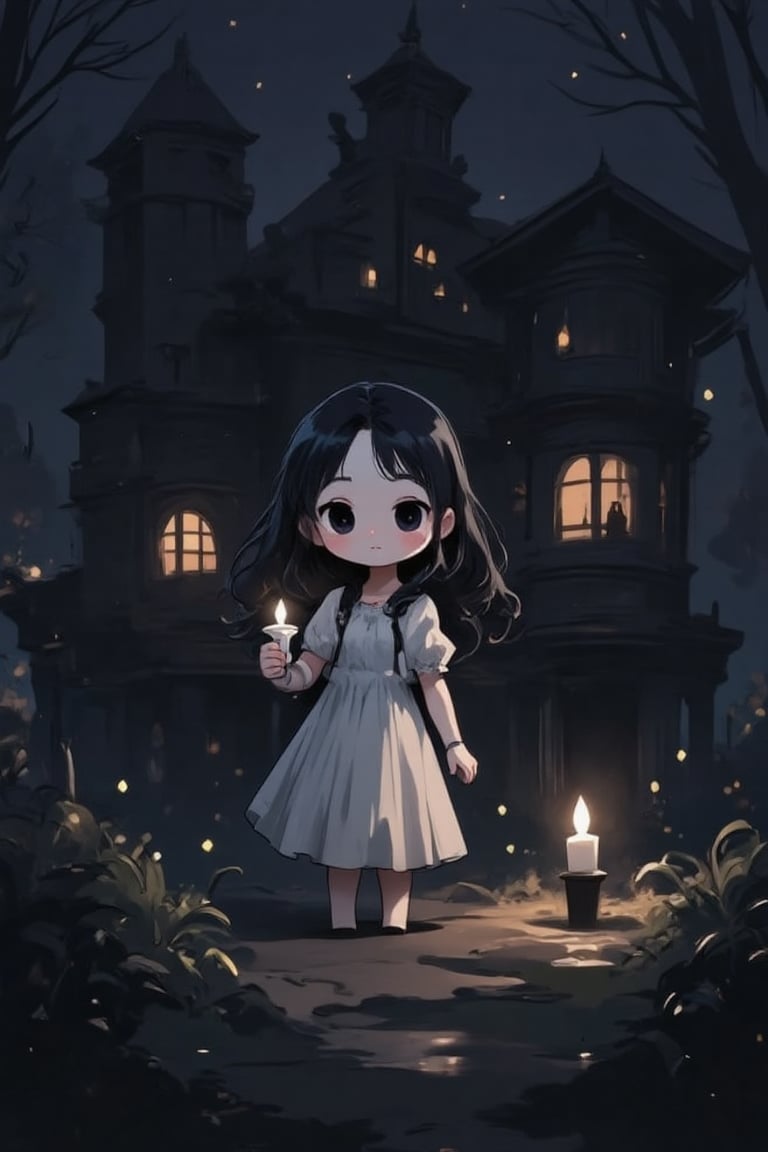 score_9, score_8_up, masterpiece, cute, anime, chibi, 1girl(black blank eyes, white skin, long dark hair, expressionless, wearing a nightgown, holding a candle) standing in a dark old haunted house