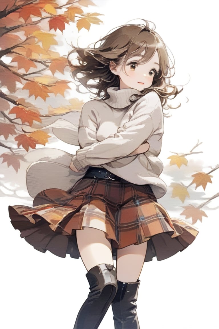 Simple background, Japanese pattern background, A cute  girl in a wool sweater and tartan skirt, leather boots, hugging herself against a chilly breeze in Autumn