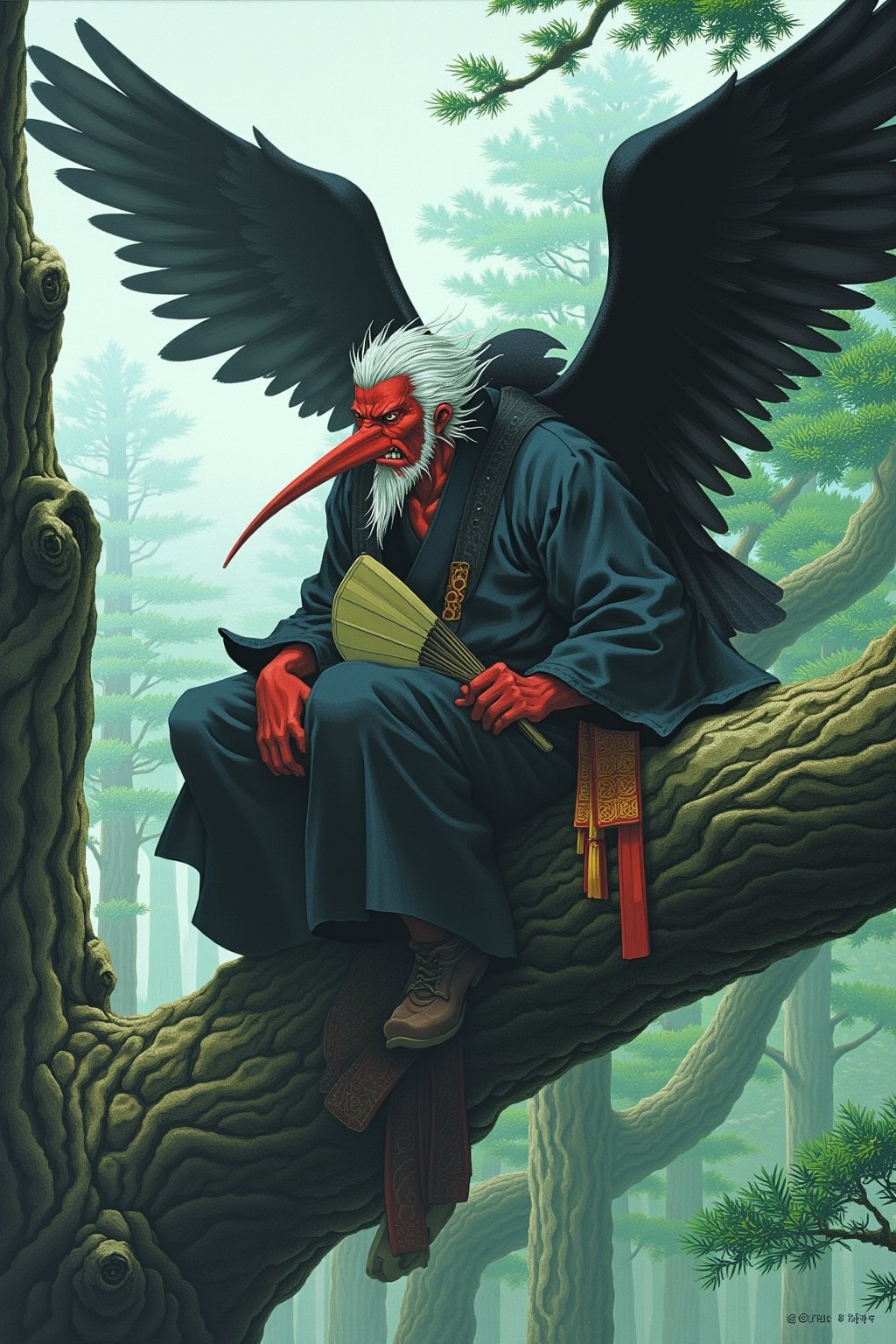 Tengu,  traditional japanese yokai ,  yokai in misty mountain forest by Anjin1970 on Tensor.Art