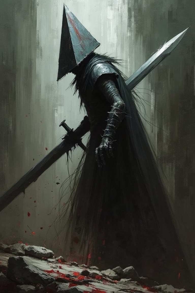 A dark horror painting of ((Pyramid Head from //Silent Hill//)) in profile, dragging an enormous sword behind him. The brushstrokes and style evoke a feeling of dread in the viewer,heavy brushstrokes, muted colors,Oil painting effect,Fantasy detailers 