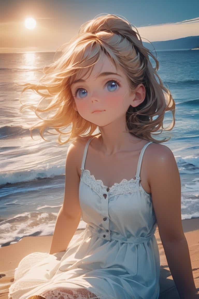 Masterpiece, beautiful and aesthetic, HDR, high contrast, raw photo, best quality, high contrast, (vibrant colors), (subdued colors), 1girl(21, American girl, Caucasian,sharp features, average frame, long dark sandy-blonde hair,blue eyes, cute full face, looking at the ocean with a serene expression, full cheeks, 80s hairdo, medium height, sundress),sitting on a cancun beach watching the sunset, summer , high-quality, digital photography, 8k, single light source ,cinematic lighting, ambient lighting, sidelight, exquisite details and textures, high details, detailed, texture mapping, more detailed, (lace tones:1.2),pastel tone