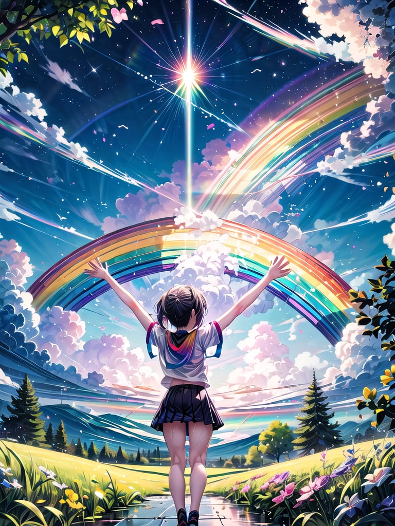 Score_9, score_8_up, view from behind (from behind:1.0) of a girl ((looking up at a single rainbow in the sky above her, with her arms stretched out wide on either side of her and slightly up in a Y-shaped pose, welcoming the rainbow)). In the background are cloudy skies and the ground around her is wet from a recent rain.,rainbowsky_background,better_hands,hyperrealistic,Anime art Style,dynamic pose