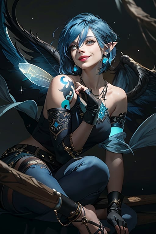  wings:2.0, sinister smile, fae, blue hair, short hair, messy hair, bangs, grey eyes, rpg, rpg character, magical background, glowing tattoos, hair between eyes, bare shoulders, jewelry, sitting, blue hair, sleeveless, pointy ears, black gloves, elbow gloves, fingerless gloves, necklace, lips, own hands together, messy hair, realistic, indian style, glitter, fairy dust, magical rogue, view from top, looking at the viewer, AliceMadness, masterpiece, best quality, Details++, 8k