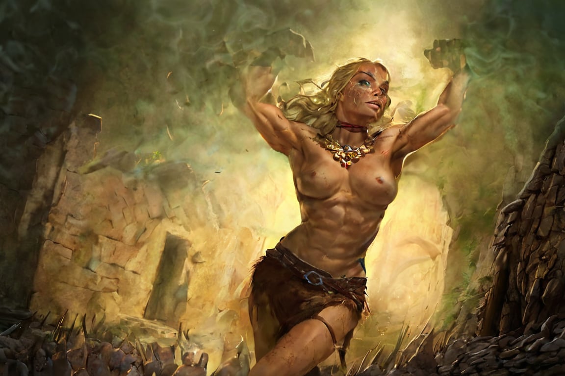 score_9, score_8_up, score_7_up, score_6_up,  a female barbarian with a strong, curvaceous physique, her muscles defined yet softened by her feminine form. Her skin is very pale, smooth and glowing with health, contrasting beautifully with her striking features. She has long, blonde hair styled in a curly braid that cascades down her back, framing her face, which is both fierce and alluring. Her high cheekbones, full lips, and striking almond-shaped eyes, enhanced with precise eyeliner, shimmer with intelligence and emotion. Freckles are scattered lightly across her nose and cheeks, adding a touch of natural charm. Her ears, slightly elongated like an elf's, add an exotic touch to her already captivating appearance. Adorned in practical yet elegant attire, decorated with intricate patterns and natural materials, she carries herself with a confident grace that belies her strength and warrior spirit. This barbarian embodies both the power of her heritage and a beauty that transcends conventional norms. She possesses a unique blend of the ethereal beauty of Emma Stone and Margot Robbie, resulting in a mesmerizing and unforgettable visage.