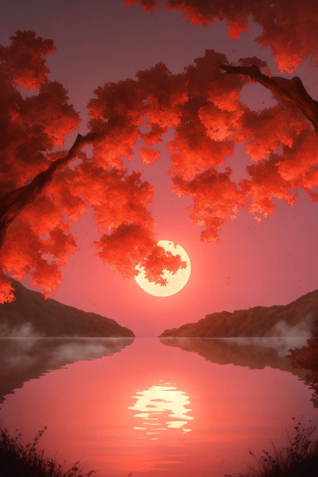 A serene lake lies cradled amidst rolling hills, bathed in the light hues of a setting moon. The sky above is a canvas of deep reds and pink, blending together in a breathtaking display. Lush, verdant trees with leaves tinged in autumnal gold frame the lake, their reflections shimmering in the tranquil waters. Delicate wisps of fog drift lazily across the scene, adding a touch of mystique. Floating lanterns, glowing softly, dot the lake's surface, casting a gentle, ethereal light. The air is filled with the scent of blooming flowers, and the distant call of birds adds a harmonious note to this picturesque, magical setting.