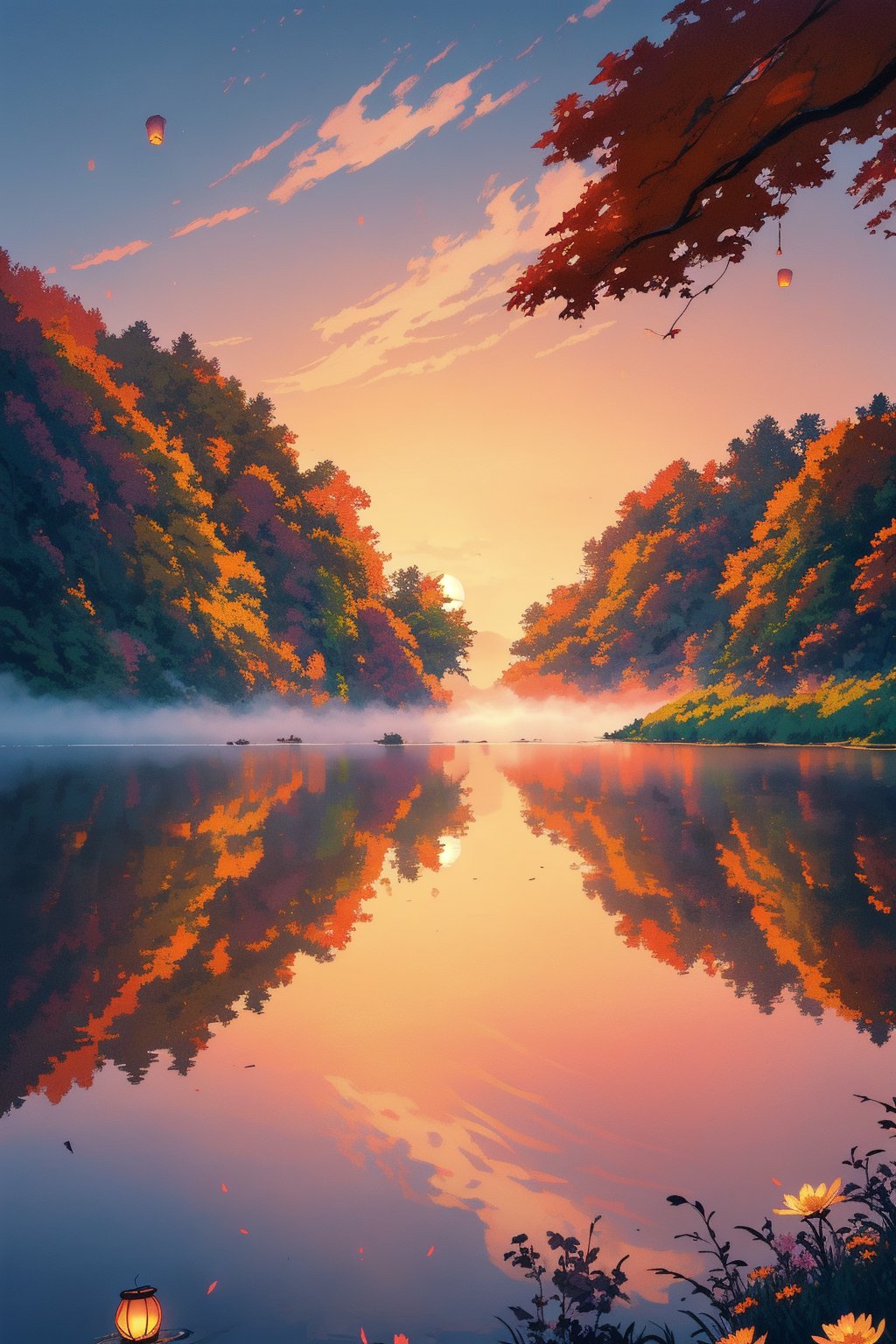 A serene lake lies cradled amidst rolling hills, bathed in the warm hues of a setting sun. The sky above is a canvas of deep reds and purples, blending together in a breathtaking display. Lush, verdant trees with leaves tinged in autumnal gold frame the lake, their reflections shimmering in the tranquil waters. Delicate wisps of fog drift lazily across the scene, adding a touch of mystique. Floating lanterns, glowing softly, dot the lake's surface, casting a gentle, ethereal light. The air is filled with the scent of blooming flowers, and the distant call of birds adds a harmonious note to this picturesque, magical setting.