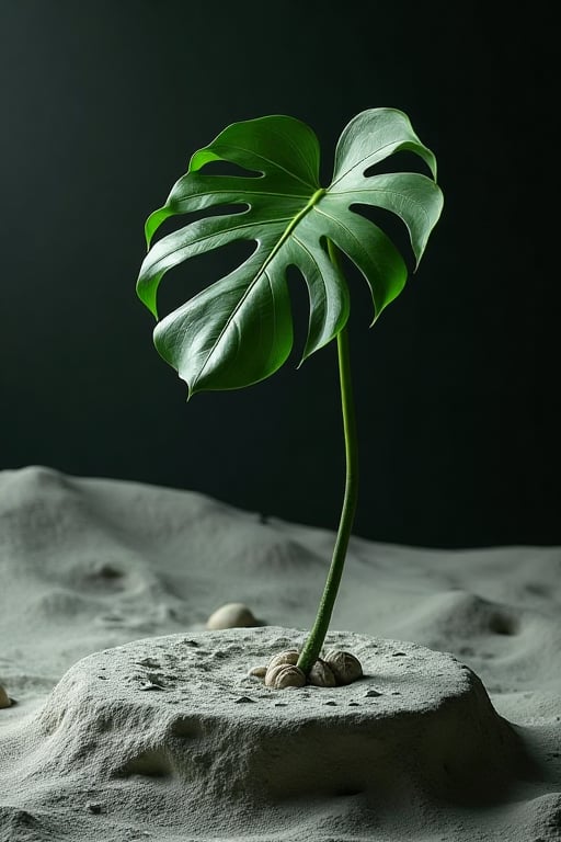 A Monstera deliciosa with only two leaves grows on a platform that looks like the surface of the moon. High contrast, detailed, surreal, top quality, masterpiece, high image quality.