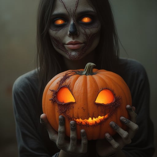 Hand holding a bitten pumpkin, disgusting, rotten, maggot, scary, beautiful young woman with scarred face, smiling, pale face, good figure,