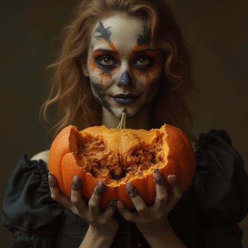 Hand holding a bitten pumpkin, disgusting, rotten, maggot, scary, beautiful young woman with scarred face, smiling, pale face, good figure,