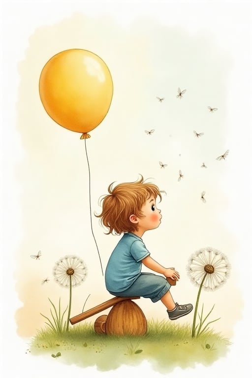 seesaw, child, balloon, dandelion simple, watercolor, mottled background,