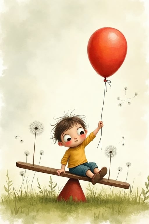 seesaw, child, balloon, dandelion, a pair of huge bloodshot eyes looking down, simple, watercolor, mottled background,