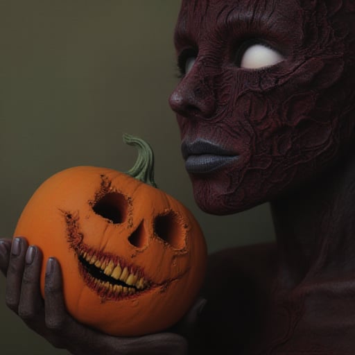 Hand holding a bitten pumpkin, disgusting, rotten, maggot, scary, beautiful young woman with scarred face, smiling, pale face, good figure,Full body, wet body 