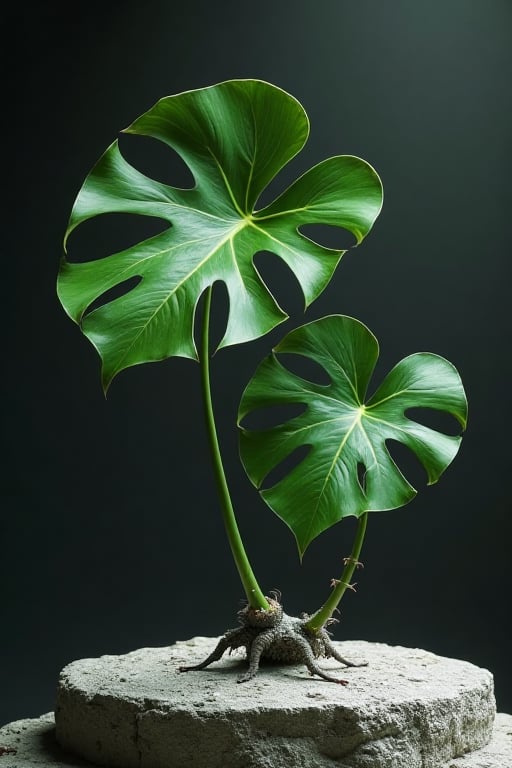 A Monstera deliciosa with only two leaves grows on a platform that looks like the surface of the moon. High contrast, detailed, surreal, top quality, masterpiece, high image quality.