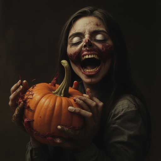 Hand holding a bitten pumpkin, disgusting, rotten, maggot, scary, beautiful young woman with scarred face, smiling, pale face, good figure,