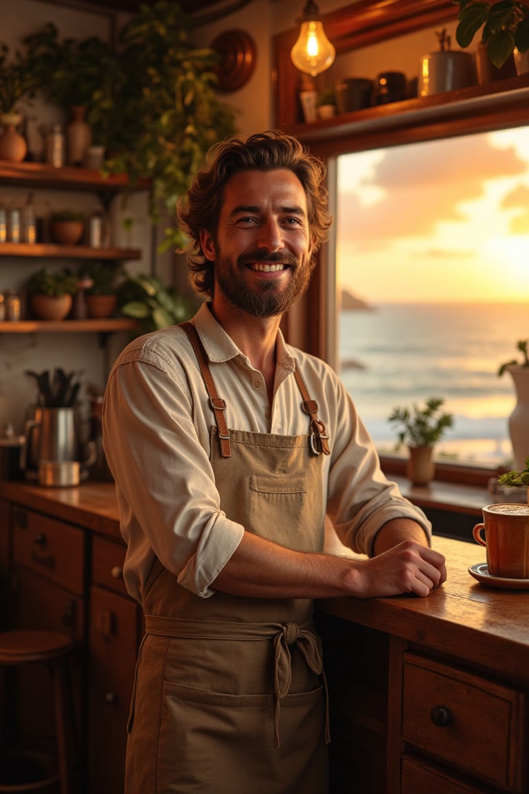 A charming café owner in his mid-30s named Benedict, wearing a clean button-up shirt with sleeves rolled up, and a simple, stylish bartender apron tied around his waist. He stands behind the counter of a cozy cliffside café with a warm, inviting smile and a calm, confident presence. His look is friendly and approachable, radiating a sense of calm as he prepares a drink. The café is filled with warm, golden light, vintage decor, plants, and a beautiful ocean view through the window at sunset. The atmosphere is magical yet grounded, and Benedict seems like the kind of person you could easily share your troubles with over a cup of coffee.