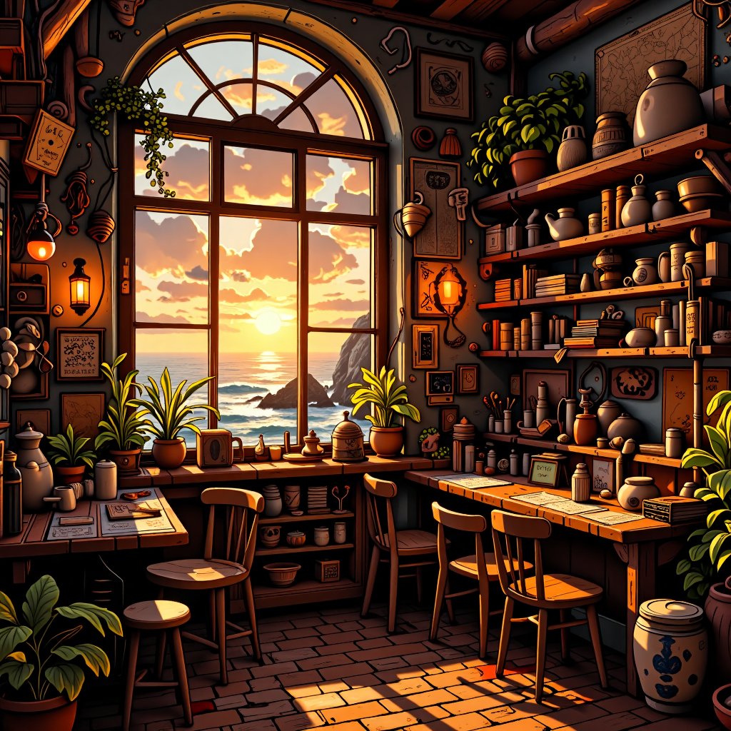 A cozy, magical cliffside café interior with warm, ambient lighting, filled with vintage decor and wooden shelves lined with old books, maps, and strange artifacts. Small tables with mismatched chairs create an inviting and rustic atmosphere, while plants and warm-toned lights add a sense of life and warmth. A large window showcases a breathtaking view of the ocean at sunset, casting a soft golden glow across the room. The atmosphere feels both enchanting and comforting, as if the café holds hidden stories and secrets waiting to be discovered