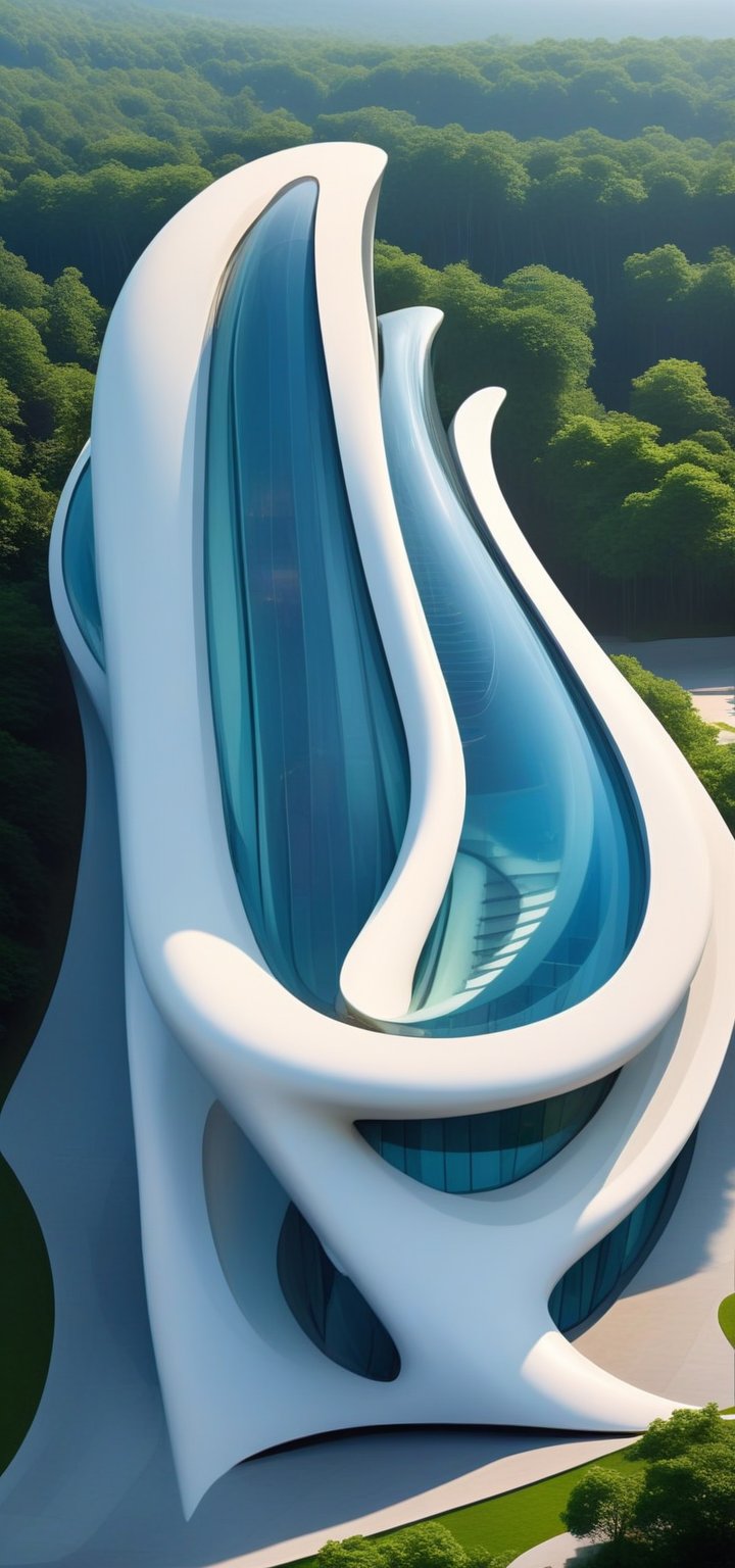 (master piece)(biomorphic building), smooth facade, zaha hadid, glass windows,  '90s warm light,concrete, Natural forest environment,minimalism, house with radiance , front street view,photo-realistic,hyper-realistic, parametric architecture,8k, ultra details,Low-rise building,Manufactured goods,Theatre stadium, Future Tower,ellipsoid,tarmac,Air terminal,seaside,musicality,less 
perforation,Tall and straight,freshness,Wide open space,Distant view,newage,

An architectural wonder with a daring configuration and ground-breaking design.This structure could be a museum or a company building.4k image photo like,(detailed),Futuristic,Design,water,The wind,