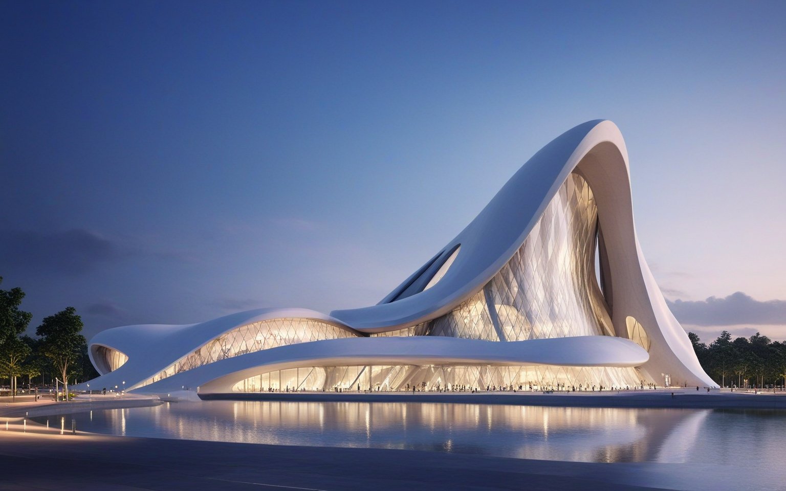 (master piece)(biomorphic building), smooth facade, zaha hadid, glass windows,  '90s warm light,concrete, Natural forest environment,minimalism, house with radiance , front street view,photo-realistic,hyper-realistic, parametric architecture,8k, ultra details,Low-rise building,Manufactured goods,Theatre stadium, Future Tower,ellipsoid,tarmac,Air terminal,seaside,musicality,less 
perforation,Tall and straight,freshness,Wide open space,Distant view,newage,At nightfall,

An architectural wonder with a daring configuration and ground-breaking design.This structure could be a museum or a company building.4k image photo like,(detailed),Futuristic,Design,water,The wind,