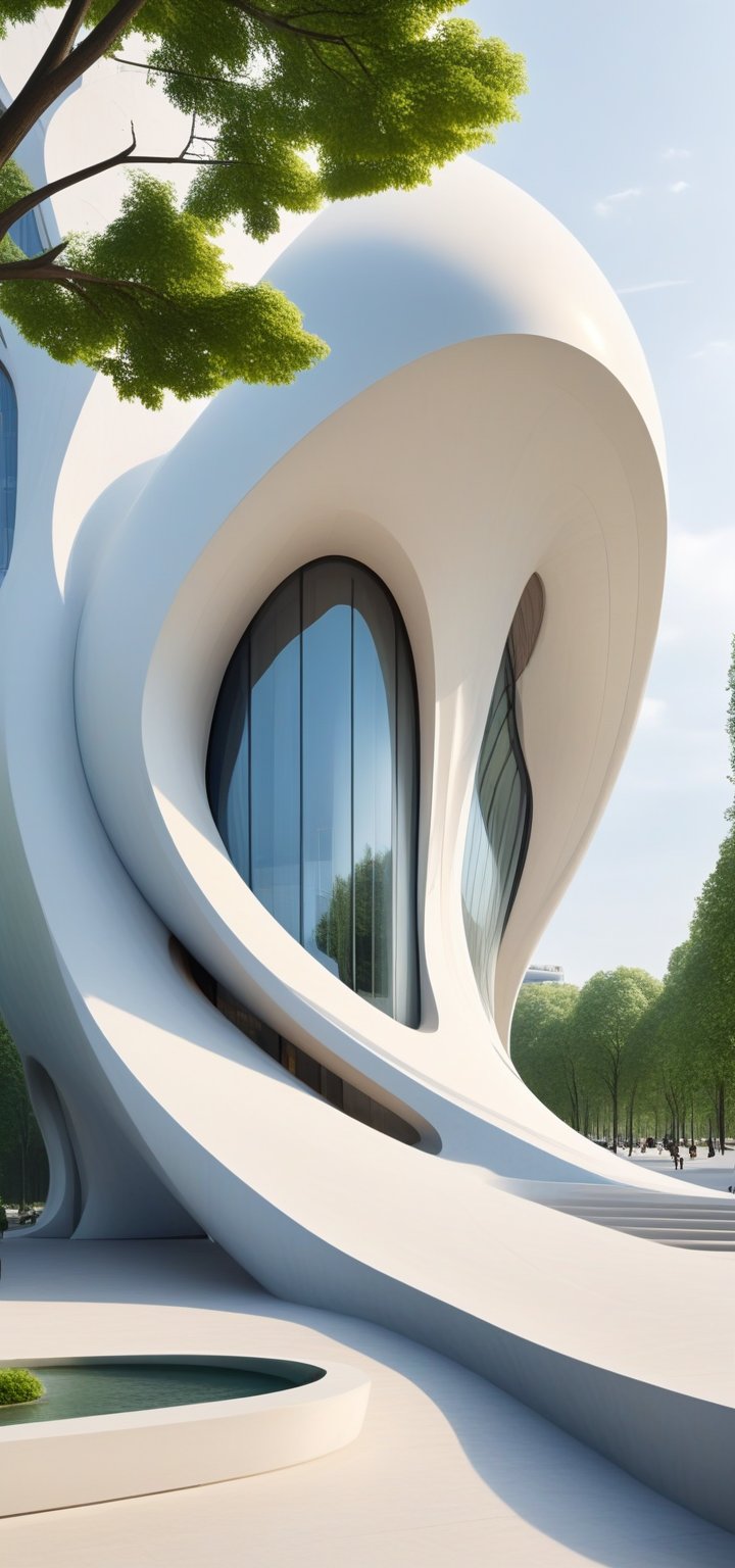 (master piece)(biomorphic building), smooth facade, zaha hadid, glass windows,  concrete, Natural forest environment,minimalism, house with radiance , front street view,photo-realistic,hyper-realistic, parametric architecture,8k, ultra details,Low-rise building,Manufactured goods,Theatre stadium,Eiffel Tower,ellipsoid,tarmac,Air terminal,seaside,musicality,less 
perforation,Tall and straight,freshness,Wide open space,Distant view,

An architectural wonder with a daring configuration and ground-breaking design.This structure could be a museum or a company building.4k image photo like,(detailed),Futuristic,Design,water,The wind,