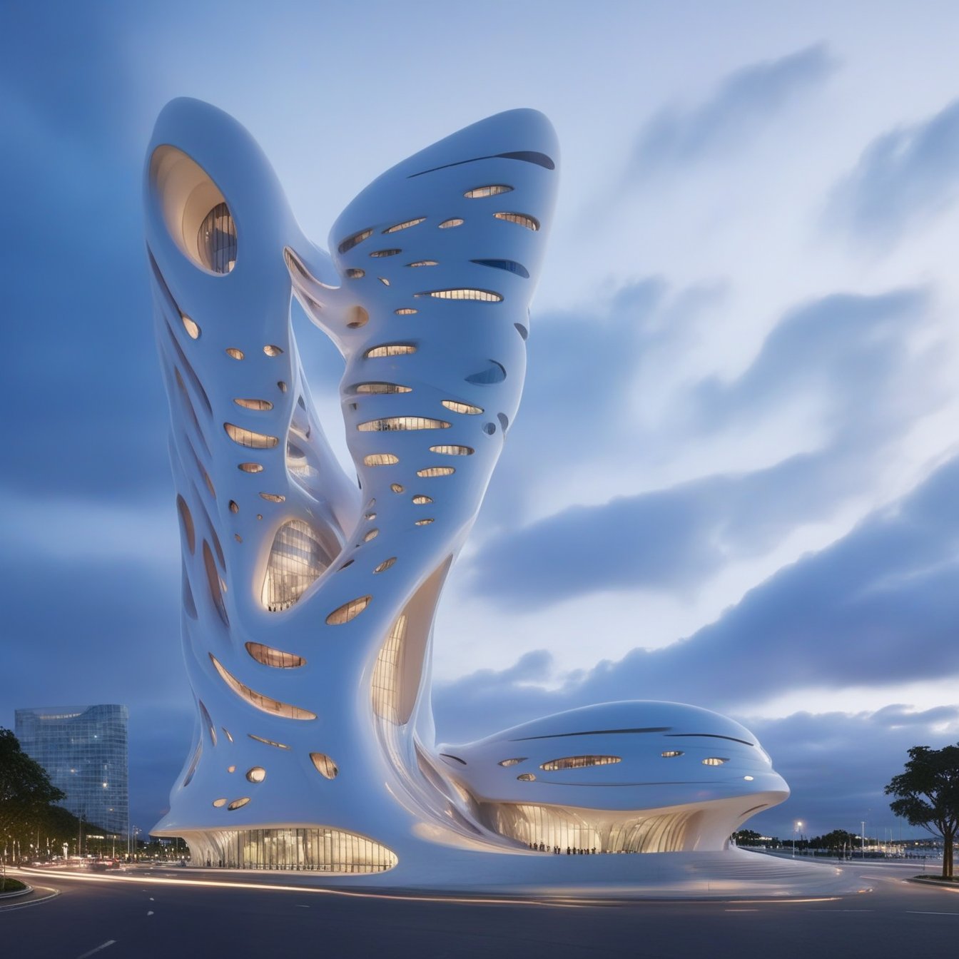 (master piece)(biomorphic building), smooth facade, zaha hadid, glass windows,  '90s warm light,concrete, Natural forest environment,minimalism, house with radiance , front street view,photo-realistic,hyper-realistic, parametric architecture,8k, ultra details,Low-rise building,Manufactured goods,Theatre stadium, Future Tower,ellipsoid,tarmac,Air terminal,seaside,musicality,less 
perforation,Tall and straight,freshness,Wide open space,Distant view,newage,At nightfall,Hale and hearty,Hard line,,
Nordic style,
An architectural wonder with a daring configuration and ground-breaking design.This structure could be a museum or a company building.4k image photo like,(detailed),Futuristic,Design,water,The wind,