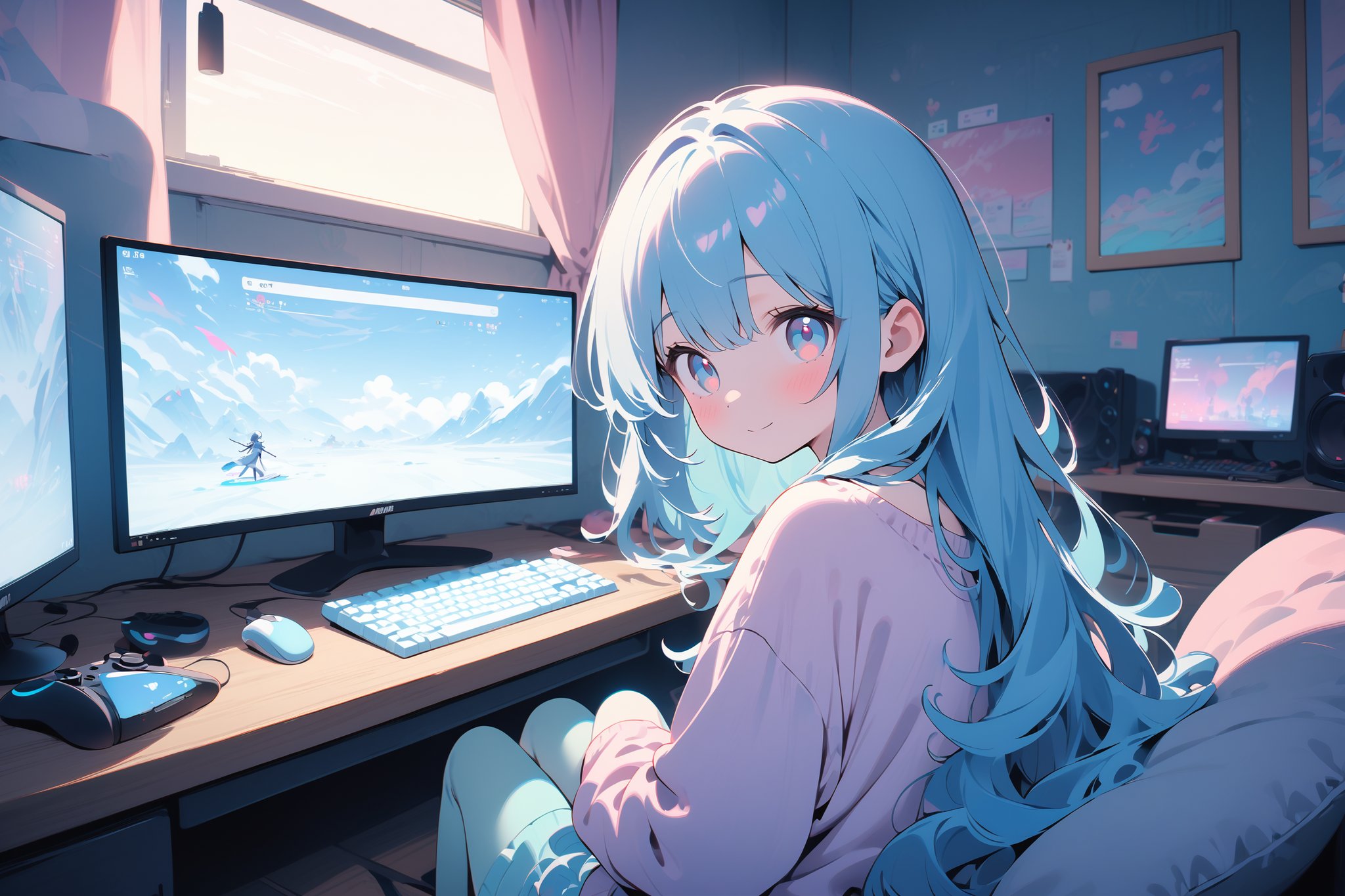 A stunning girl with vibrant blue hair and matching eyes, relaxed at her gaming PC in a cozy room. The PC screen displays an active game. She exudes happiness as a streamer. The room features a pastel color scheme that complements her hair. The scene is a masterpiece, rendered in 4K resolution with bright pastel colors, capturing the essence of her joyful streaming environment.