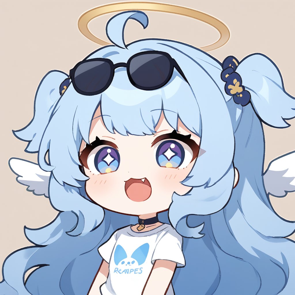 (chibi style), {{{masterpiece}}}, {{{best quality}}}, {{ultra-detailed}}, {beautiful detailed eyes}. 1girl, angel, blue hair, long curly hair, (two side up), blue eyes,  (curly hair:1.2), (wavy hair), (hair curls), (bangs), (two side up), two blue hair ties on head, (Double golden halo on her head), choker, angel wings, ahoge, fang, (white T-shirt), (rapping), (black sunglasses), (microphone), upper body,chibi emote style,chibi,emote, cute,Emote Chibi,anime, no glasses