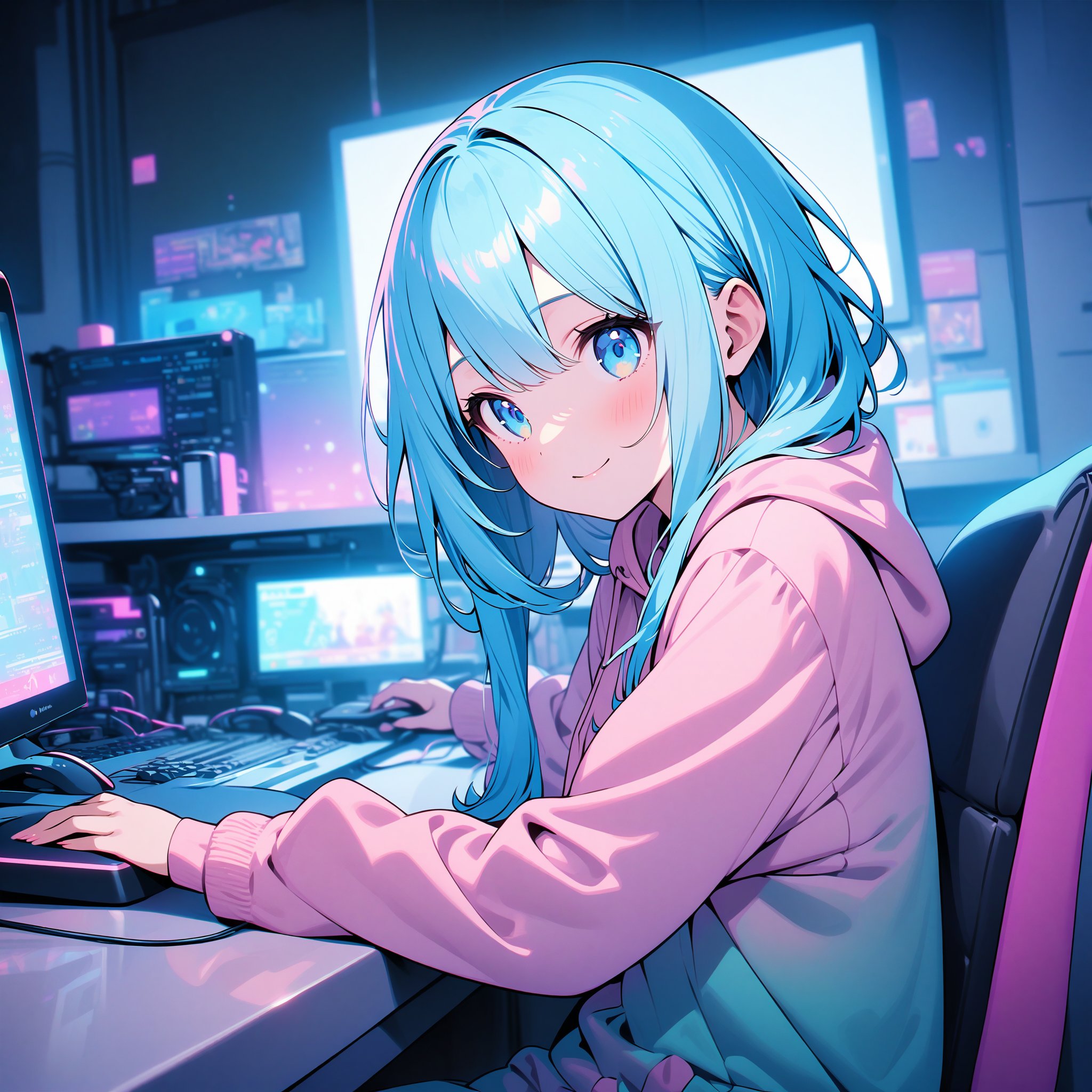 Create an image of a beautiful girl with vibrant blue hair and matching eyes, comfortably seated at her gaming PC in a cozy room. The PC screen displays an active game, highlighting her role as a cheerful streamer. The room features a pastel color palette that complements her hair, enhancing the overall ambiance. The scene is a masterpiece, rendered in 4K resolution with bright, pastel colors, capturing the essence of her happy gaming environment.