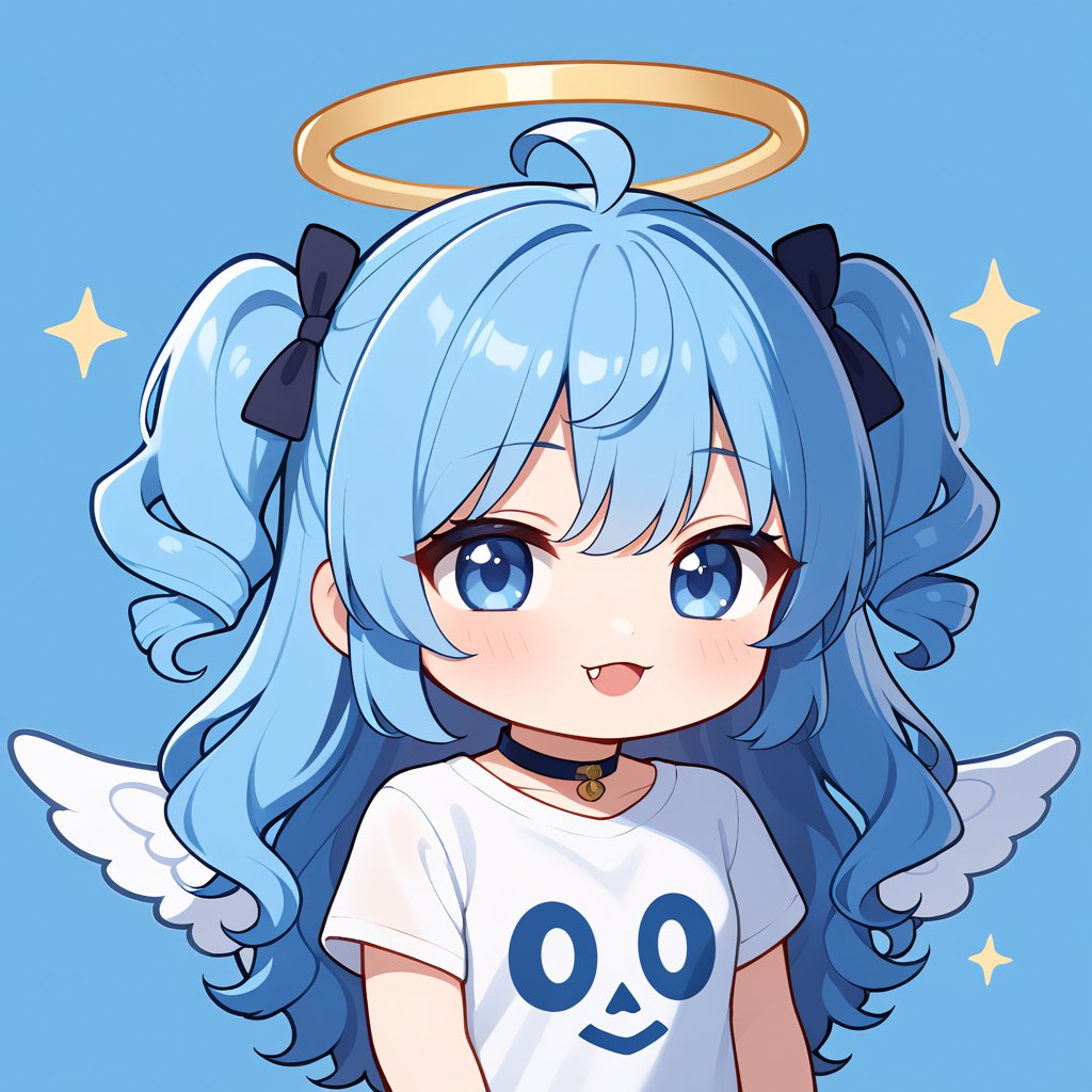 (chibi style), {{{masterpiece}}}, {{{best quality}}}, {{ultra-detailed}}, {beautiful detailed eyes}. 1girl, angel, blue hair, long curly hair, (two side up), blue eyes,  (curly hair:1.2), (wavy hair), (hair curls), (bangs), (two side up), two blue hair ties on head, (Double golden halo on her head), choker, angel wings, ahoge, fang, (white T-shirt), (gaming), (headphone), upper body,chibi emote style,chibi,emote, cute,Emote Chibi,anime,