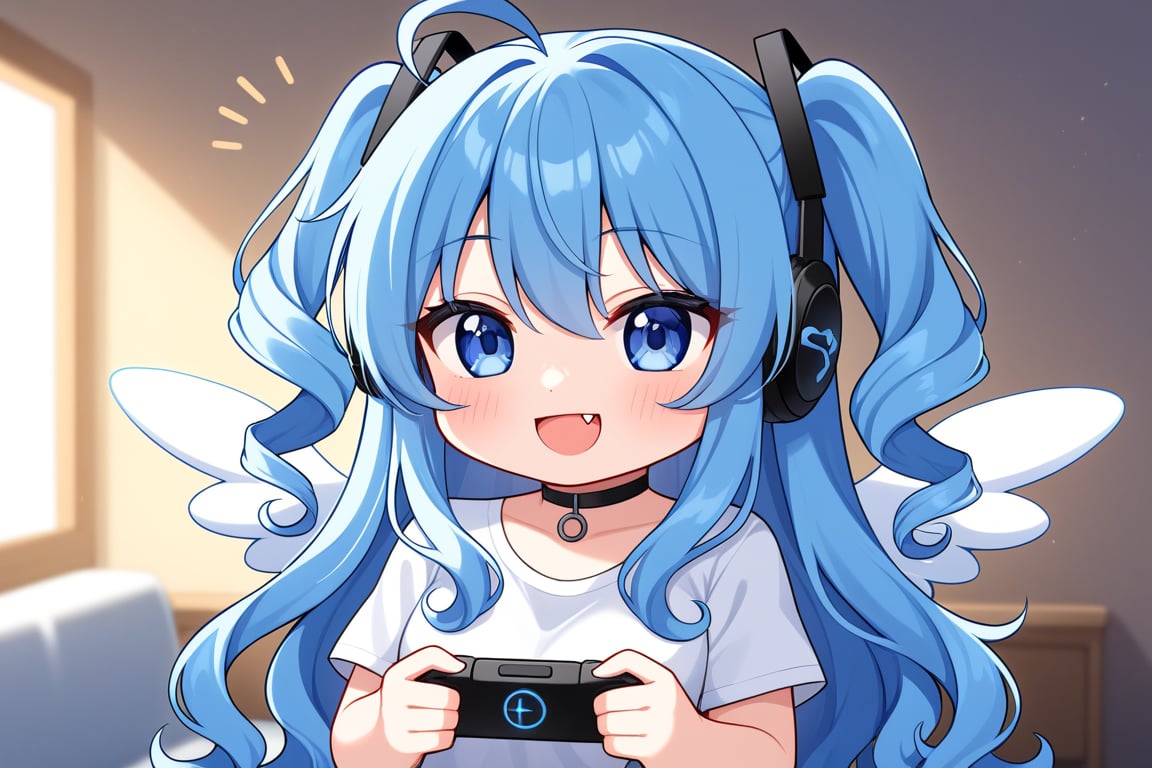 (chibi style), {{{masterpiece}}}, {{{best quality}}}, {{ultra-detailed}}, 1girl, angel, blue hair, long curly hair, (two side up), blue eyes,  (curly hair:1.2), (wavy hair), (hair curls), (bangs), (two side up), two blue hair ties on head, choker, angel wings, ahoge, fang, (white T-shirt), (gaming), (headphone), gaming in her cozy room, complimenting pastel colours to blue,  upper body,chibi emote style,chibi,emote, cute,Emote Chibi,anime, 