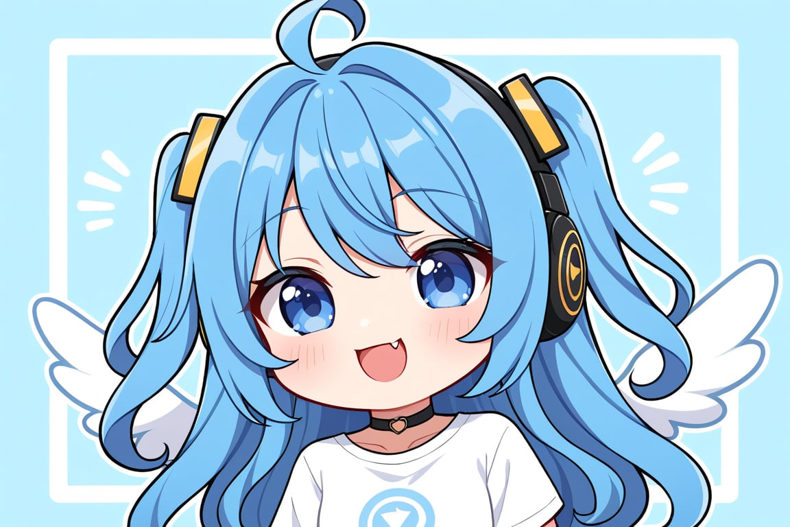 (chibi style), {{{masterpiece}}}, {{{best quality}}}, {{ultra-detailed}}, 1girl, angel, blue hair, long curly hair, (two side up), blue eyes,  (curly hair:1.2), (wavy hair), (hair curls), (bangs), (two side up), two blue hair ties on head, choker, angel wings, ahoge, fang, (white T-shirt), (gaming), (headphone), gaming in her cozy room, complimenting pastel colours to blue,  upper body,chibi emote style,chibi,emote, cute,Emote Chibi,anime, pastel background, minimal