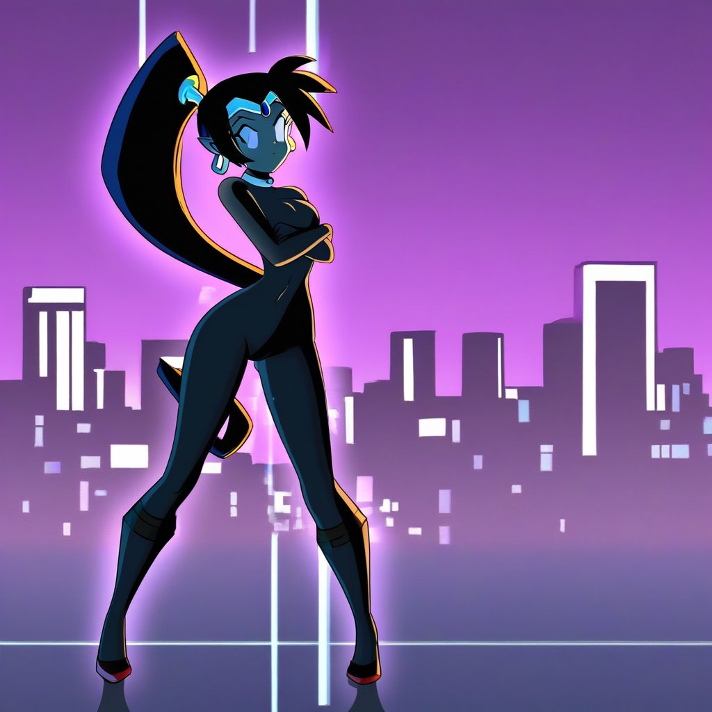 A vibrant, dynamic scene featuring Shantae in the form of Graybot, standing confidently in a futuristic, neon-lit cityscape. The framing is mid-shot, capturing her full body with a slight upward angle to emphasize her heroic stance. The lighting is a mix of cool blues and purples from the city lights, contrasting with the warm glow of her robotic parts. Shantae's pose is strong and assertive, with her arms crossed and a determined expression on her face. The background is a bustling, high-tech metropolis with flying vehicles and towering skyscrapers.