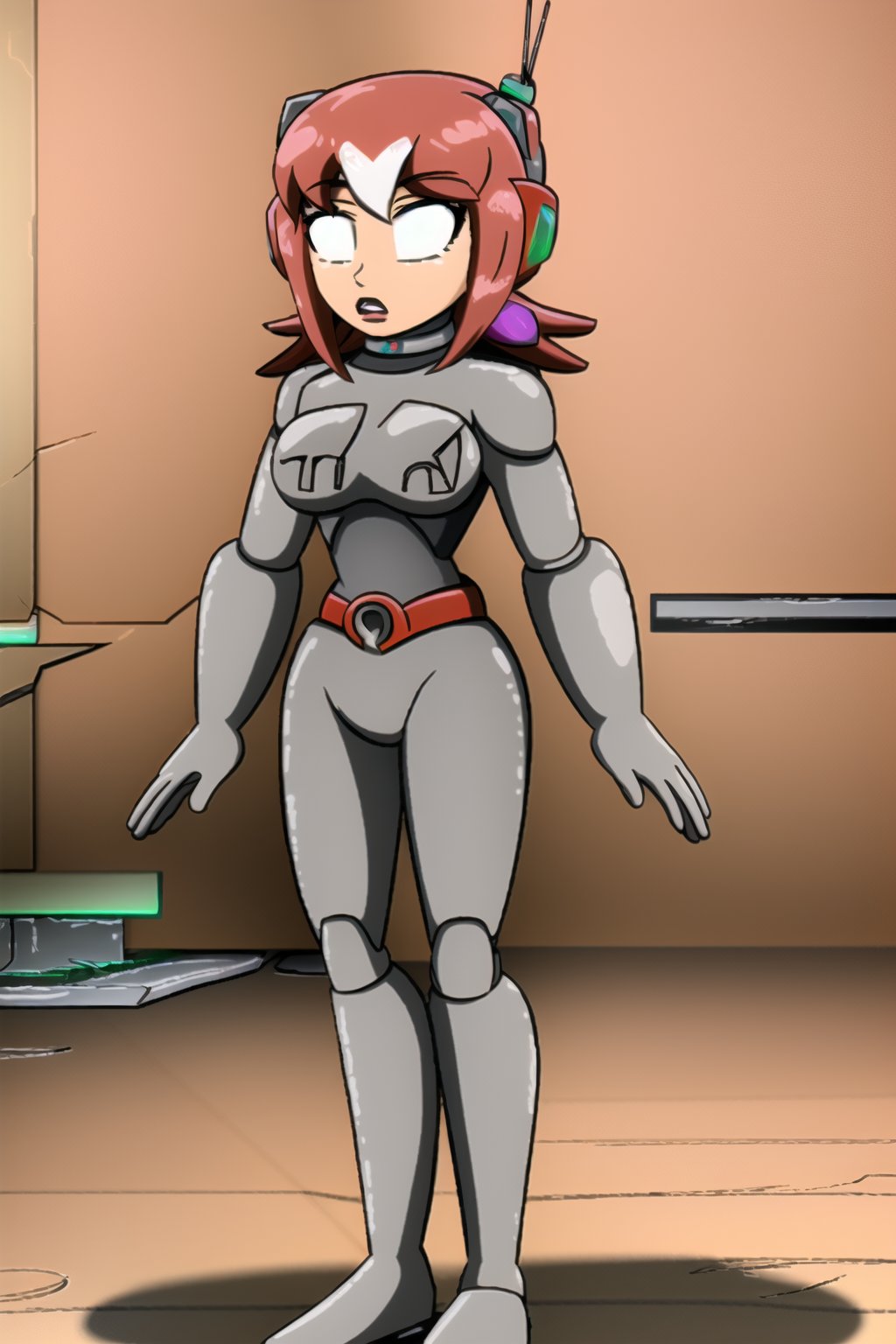 Fembot, leotard outfit and hypnotized eyes, fembot, FemBot,robotskin, cyborg, graybot,nana(megamanx),pink hair, blue eyes, short hair, bangs,android, armor, robot ears, gloves,bodysuit, white gloves, headgear,headset, belt