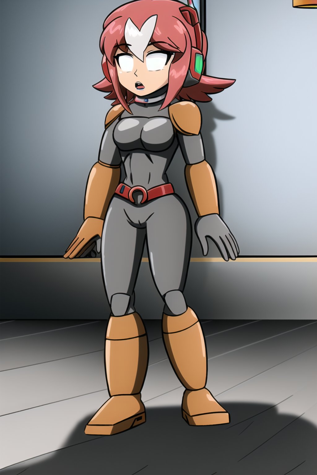 Fembot, leotard outfit and hypnotized eyes, fembot, FemBot,robotskin, cyborg, graybot,nana(megamanx),pink hair, blue eyes, short hair, bangs,android, armor, robot ears, gloves,bodysuit, white gloves, headgear,headset, belt