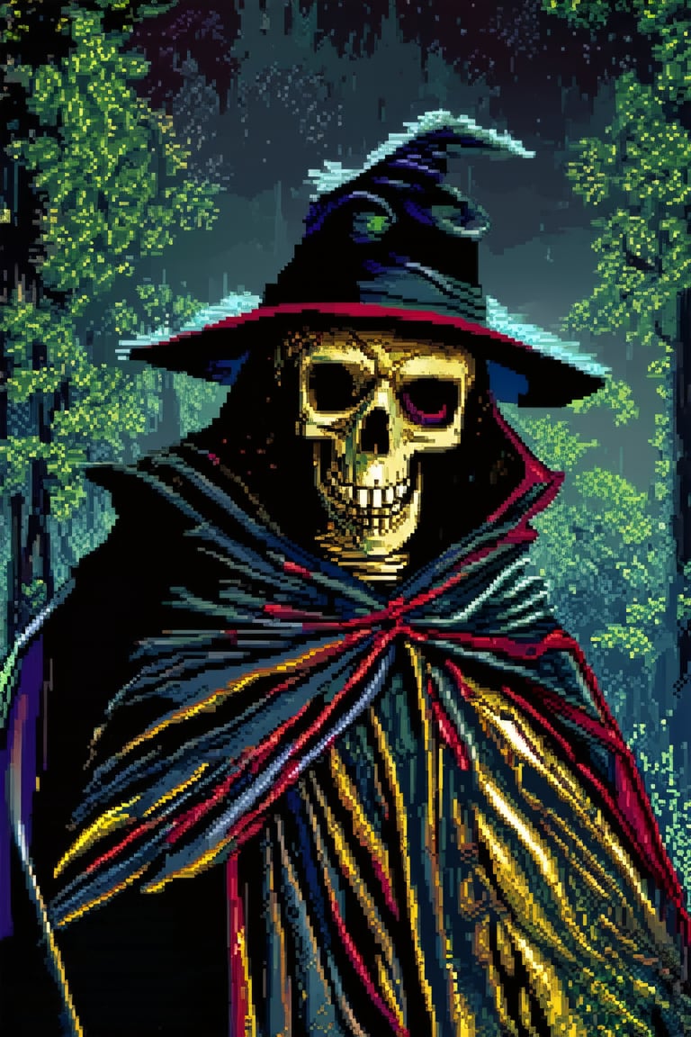 Pixel art macro shot, cinematic photo, eldritch horror skeleton wizard in a dark forest wearing a black curled wizard hat and a black cape and a cloak with burgundy and gold accents, colorful, dark shot, ethereal, film grain