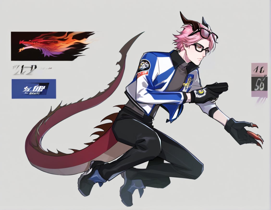 clothes, solo, simple background, gloves, blue racing jacket, white background, full body, male focus, modern shaggy bob hair,  pants, glasses on head, black footwear, black pants, rings on fingers, aestethic racing jacket big, 1boy, closed mouth, friendly but serious face, jacket big, long sleeves, number 86 on the chest and leg, black mittens, pink hair, character sheet, half dragon, right dragon hand, dragon claws, red dragon scales, dragon tail, horns facing ahead on head
