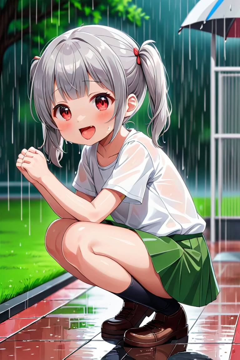 loli , happy face, twintails, gray hair, red_eyes, side_view, rain park, white shirt, green skirt, squatting, sticking_out_tongue, leg_spread