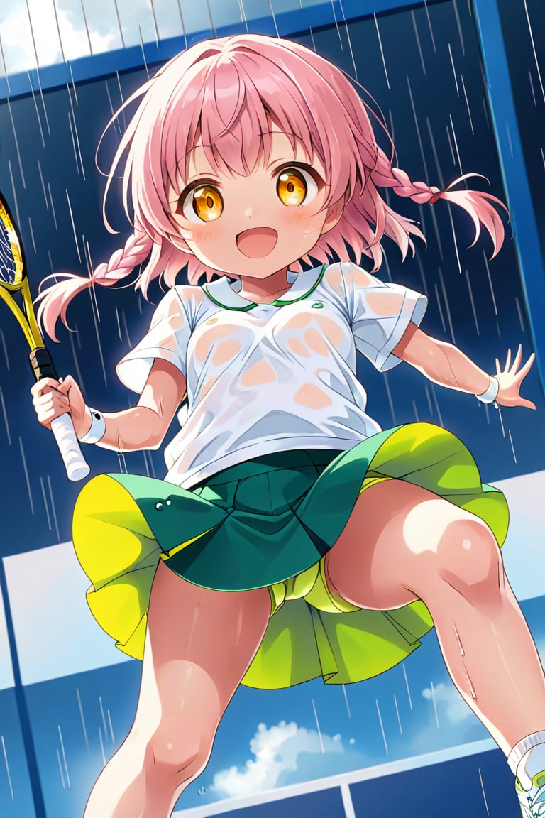 loli , happy face, pink hair, yellow_eyes, down_view, rain tennis, white shirt, green skirt, white shoes, niples