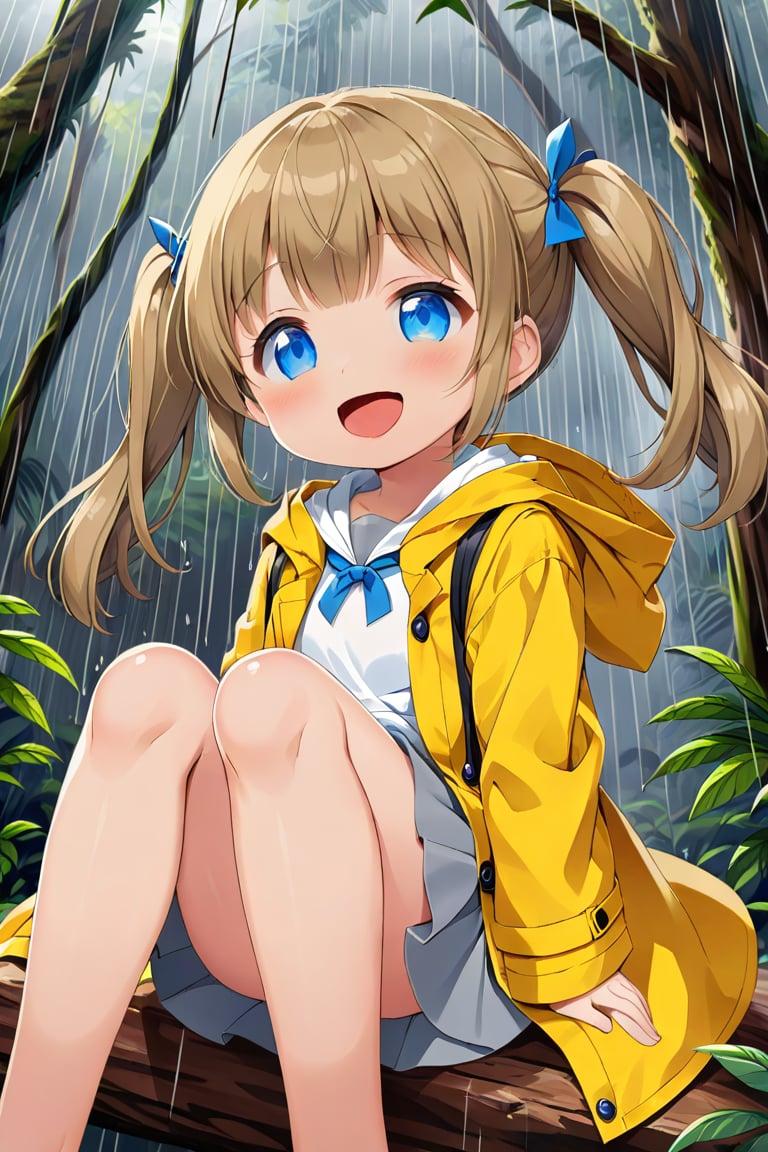 loli , happy face, twintails, yellow brown hair, blue_eyes, down_view, rain forest, white shirt, gray skirt, yellow raincoat, sticking_out_tongue, sitting, leg_spread