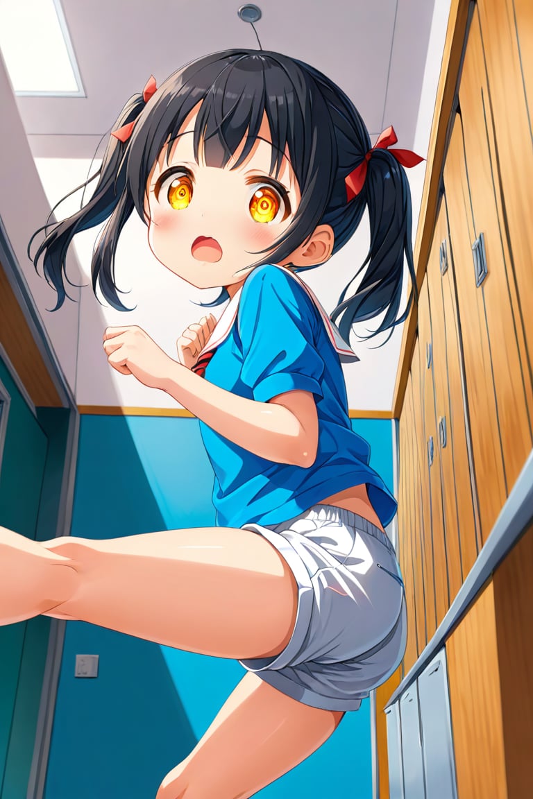 loli , surprise face, black hair, yellow_eyes, twintails, down_view, classroom, blue shirt, white shorts, climbing