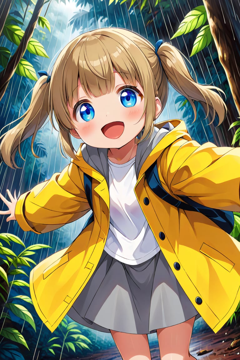 loli , happy face, twintails, yellow brown hair, blue_eyes, down_view, rain forest, white shirt, gray skirt, yellow raincoat, sticking_out_tongue