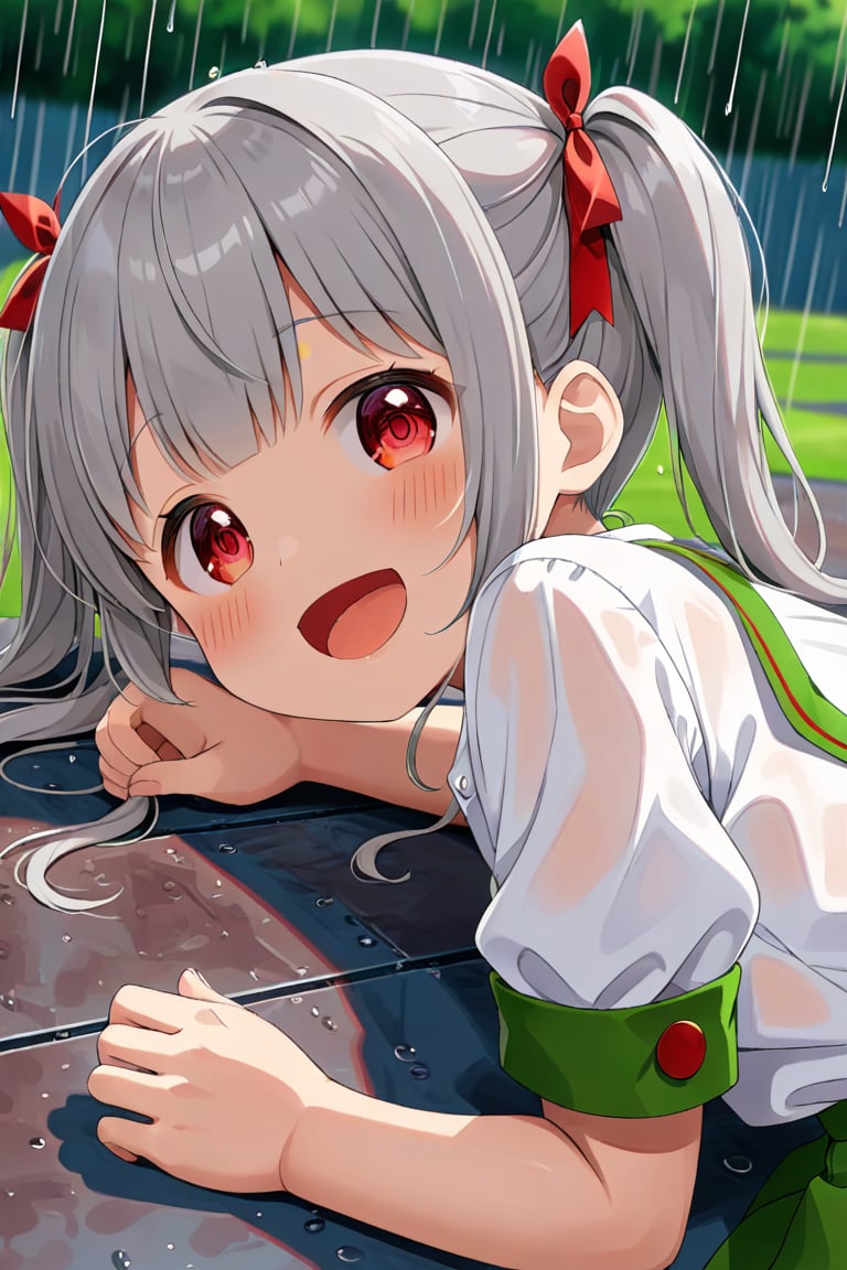 loli , happy face, twintails, gray hair, red_eyes, side_view, rain park, white shirt, green skirt, lying, sticking_out_tongue, 