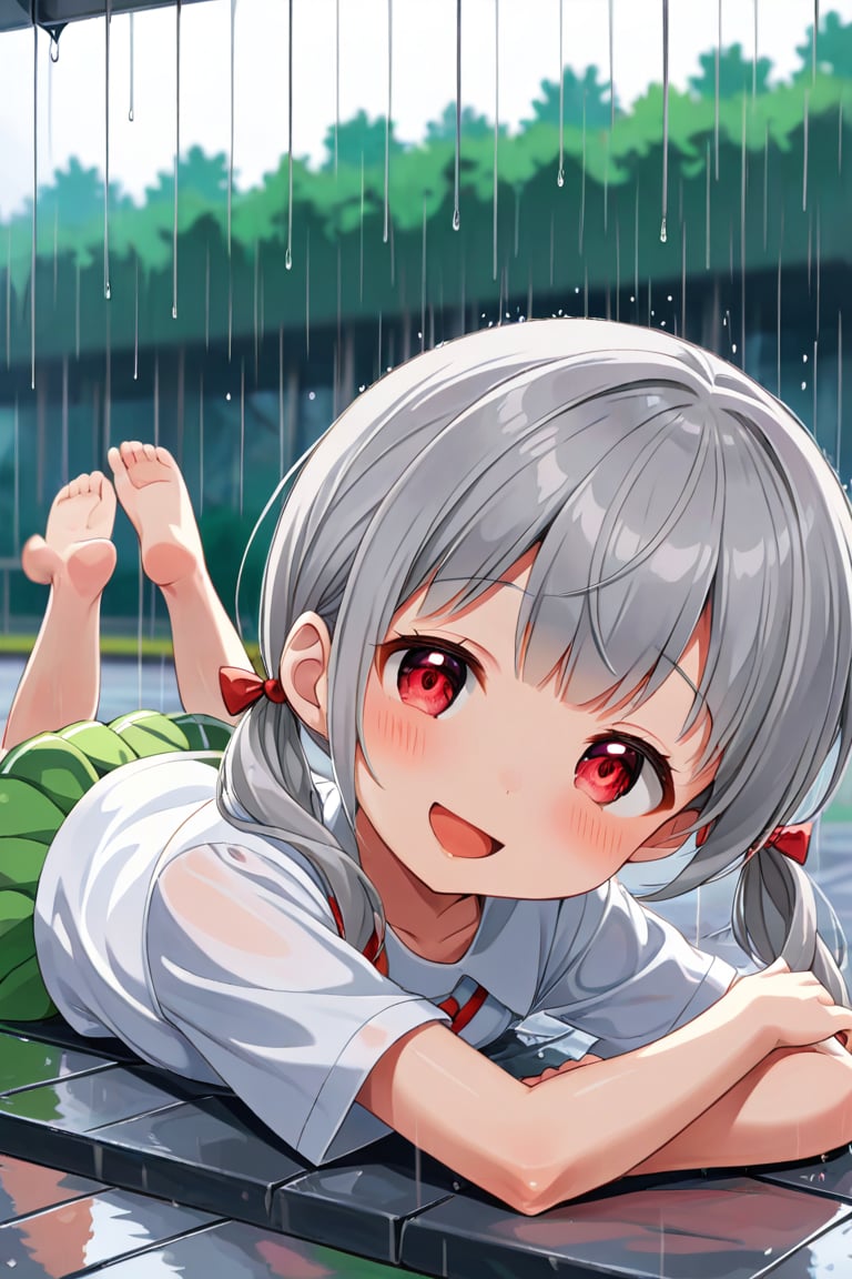 loli , happy face, twintails, gray hair, red_eyes, side_view, rain park, white shirt, green skirt, lying, sticking_out_tongue, 