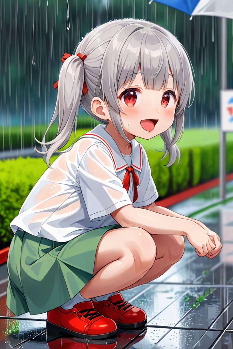 loli , happy face, twintails, gray hair, red_eyes, side_view, rain park, white shirt, green skirt, squatting, sticking_out_tongue, 