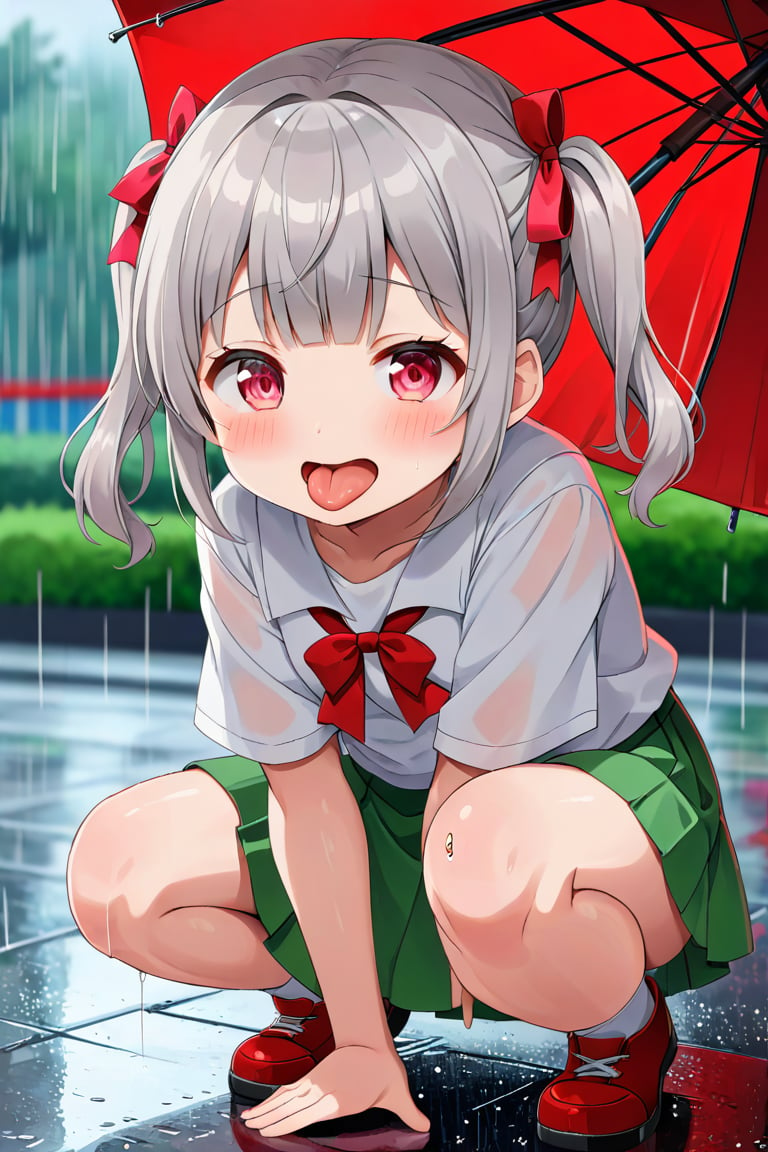 loli , happy face, twintails, gray hair, red_eyes, front_view, rain park, white shirt, green skirt, squatting, sticking_out_tongue, leg_spread, pink panites