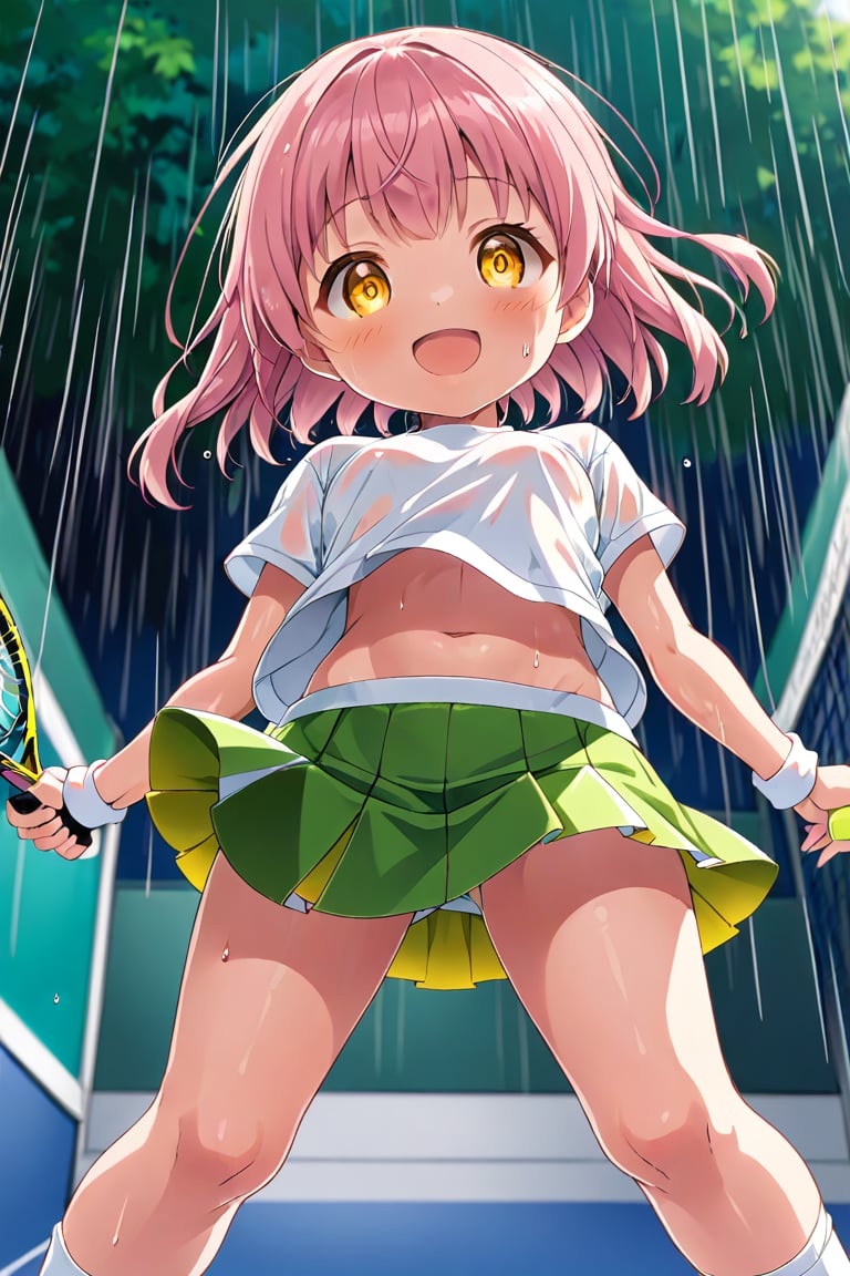 loli , happy face, pink hair, yellow_eyes, down_view, rain tennis, white shirt, green skirt, white shoes, niples