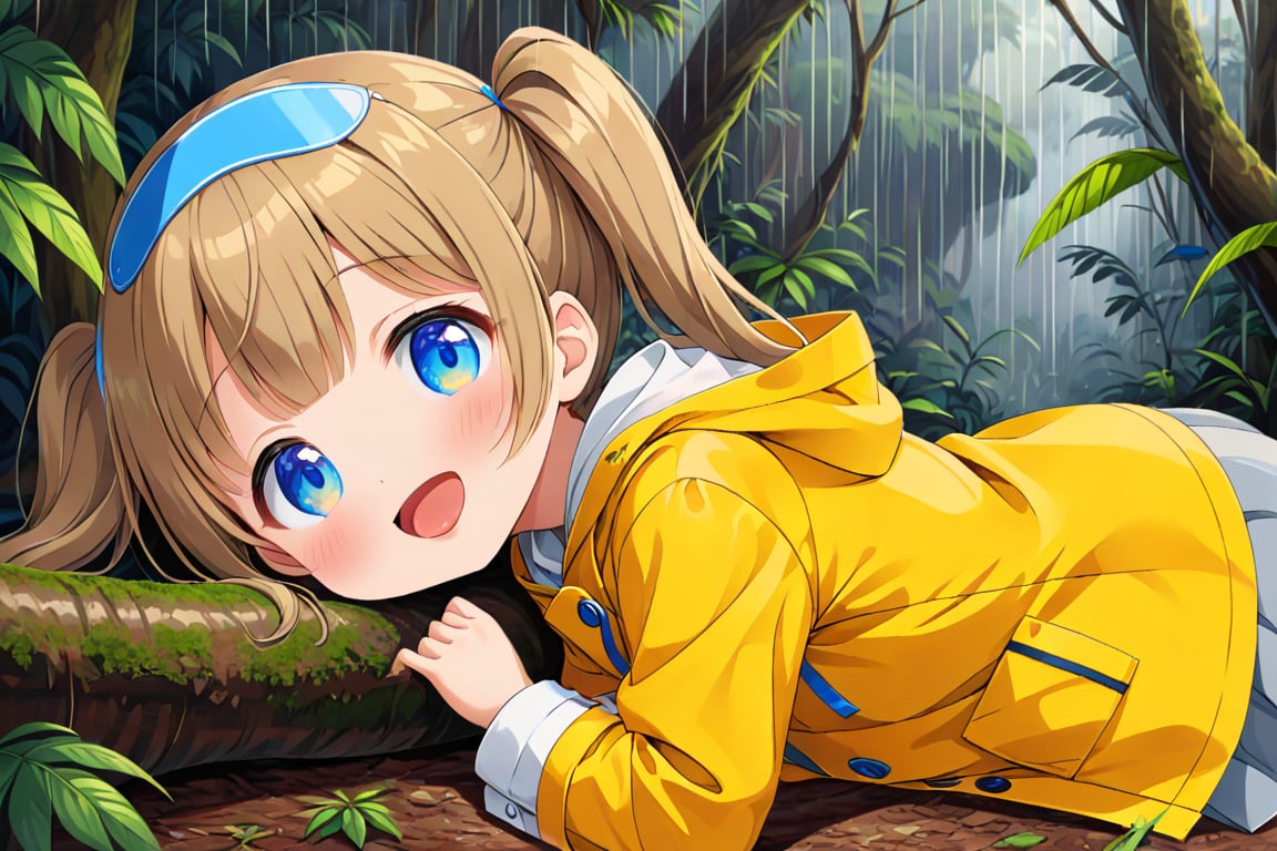 loli , happy face, twintails, yellow brown hair, blue_eyes, side_view, rain forest, white shirt, gray skirt, yellow raincoat, sticking_out_tongue, lying up