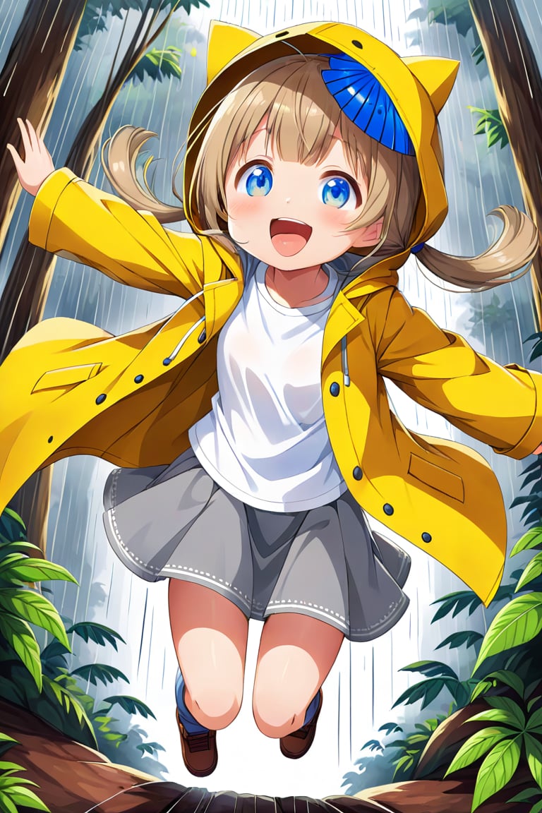 loli , happy face, twintails, yellow brown hair, blue_eyes, down_view, rain forest, white shirt, gray skirt, yellow raincoat, sticking_out_tongue, jumping